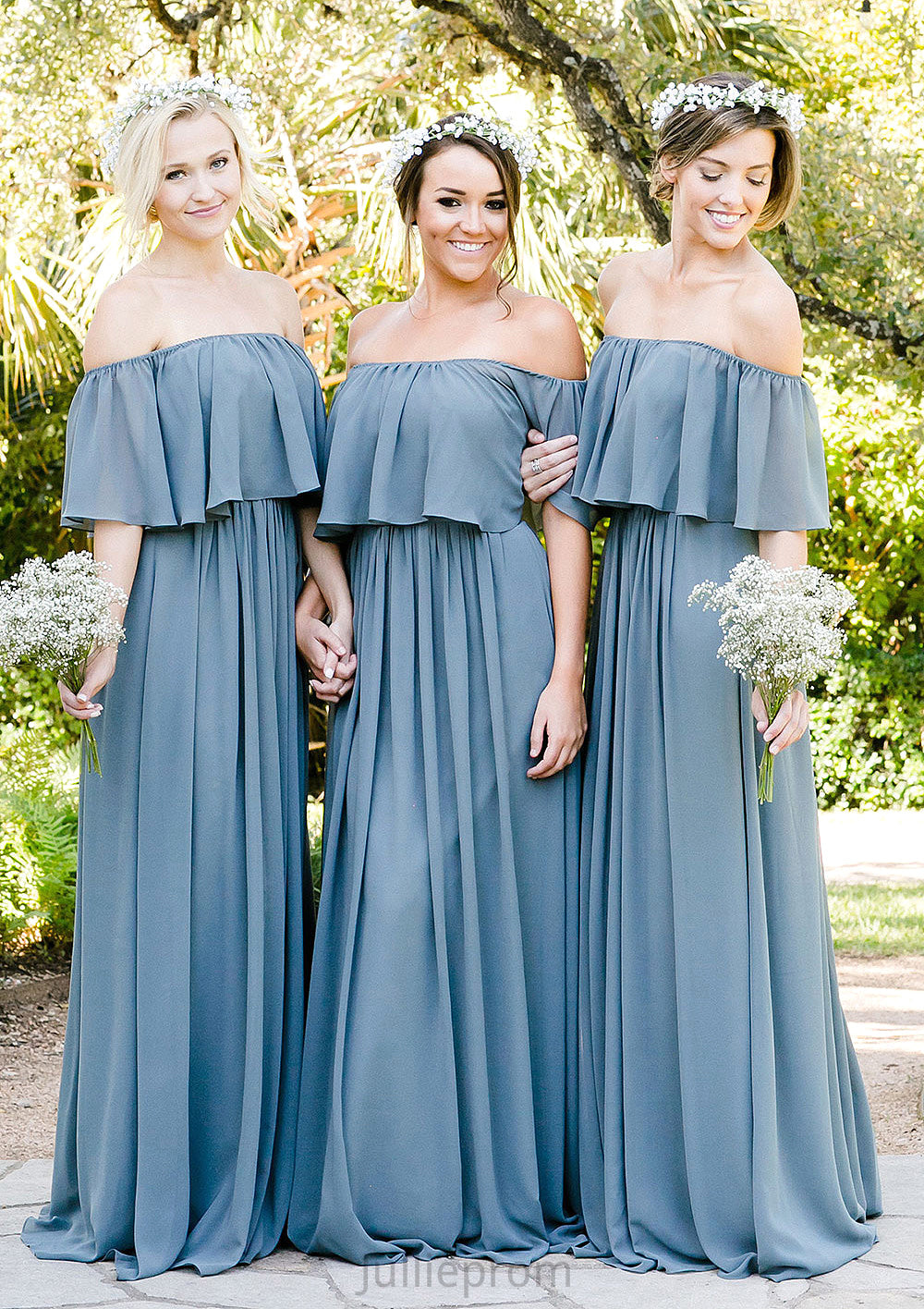 Off-The-Shoulder A-Line/Princess Long/Floor-Length Chiffon Bridesmaid Dresses With Ruffles Chaya DQP0025555