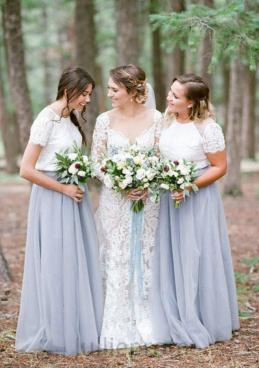 Short Sleeve Scoop Neck Long/Floor-Length A-line/Princess Tulle Bridesmaid Dresseses With Lace Madisyn DQP0025563