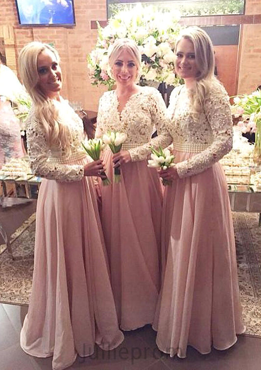 Full/Long Sleeve Scalloped Neck A-line/Princess Chiffon Long/Floor-Length Bridesmaid Dresseses With Beading Lace Angie DQP0025602