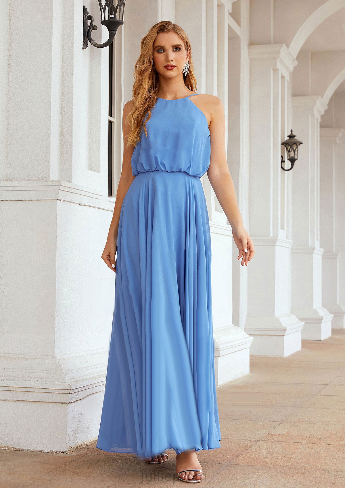 A-line Halter Sleeveless Chiffon Long/Floor-Length Bridesmaid Dresses With Pleated Laila DQP0025621