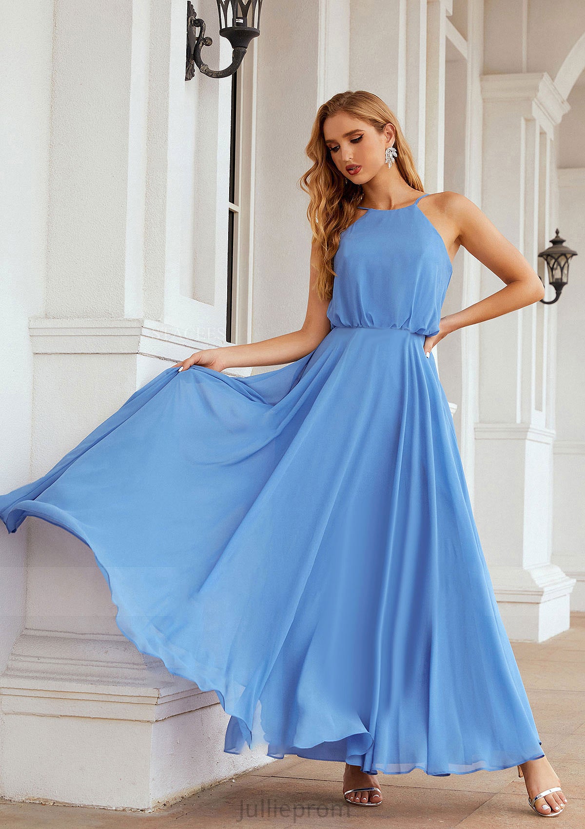 A-line Halter Sleeveless Chiffon Long/Floor-Length Bridesmaid Dresses With Pleated Laila DQP0025621