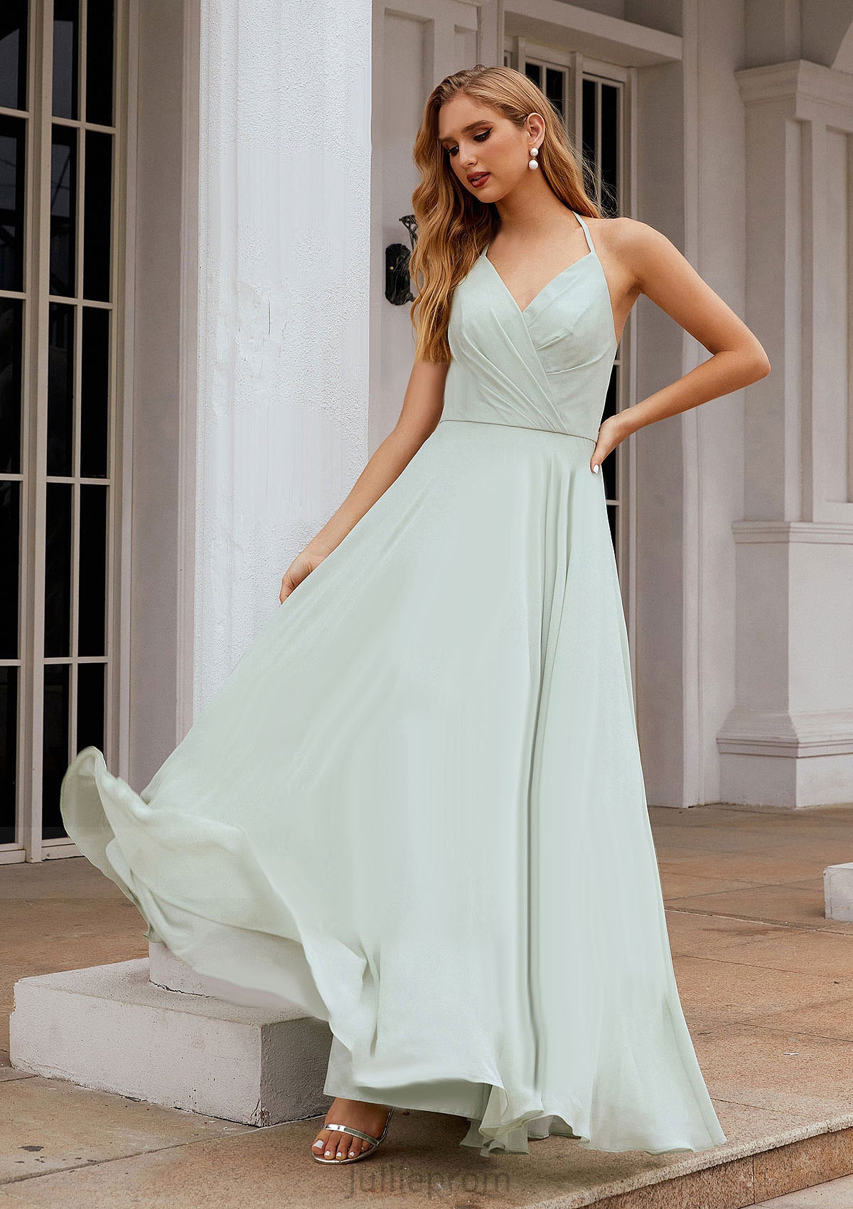 A-line Halter Sleeveless Chiffon Long/Floor-Length Bridesmaid Dresses With Pleated Ruffles Madge DQP0025623