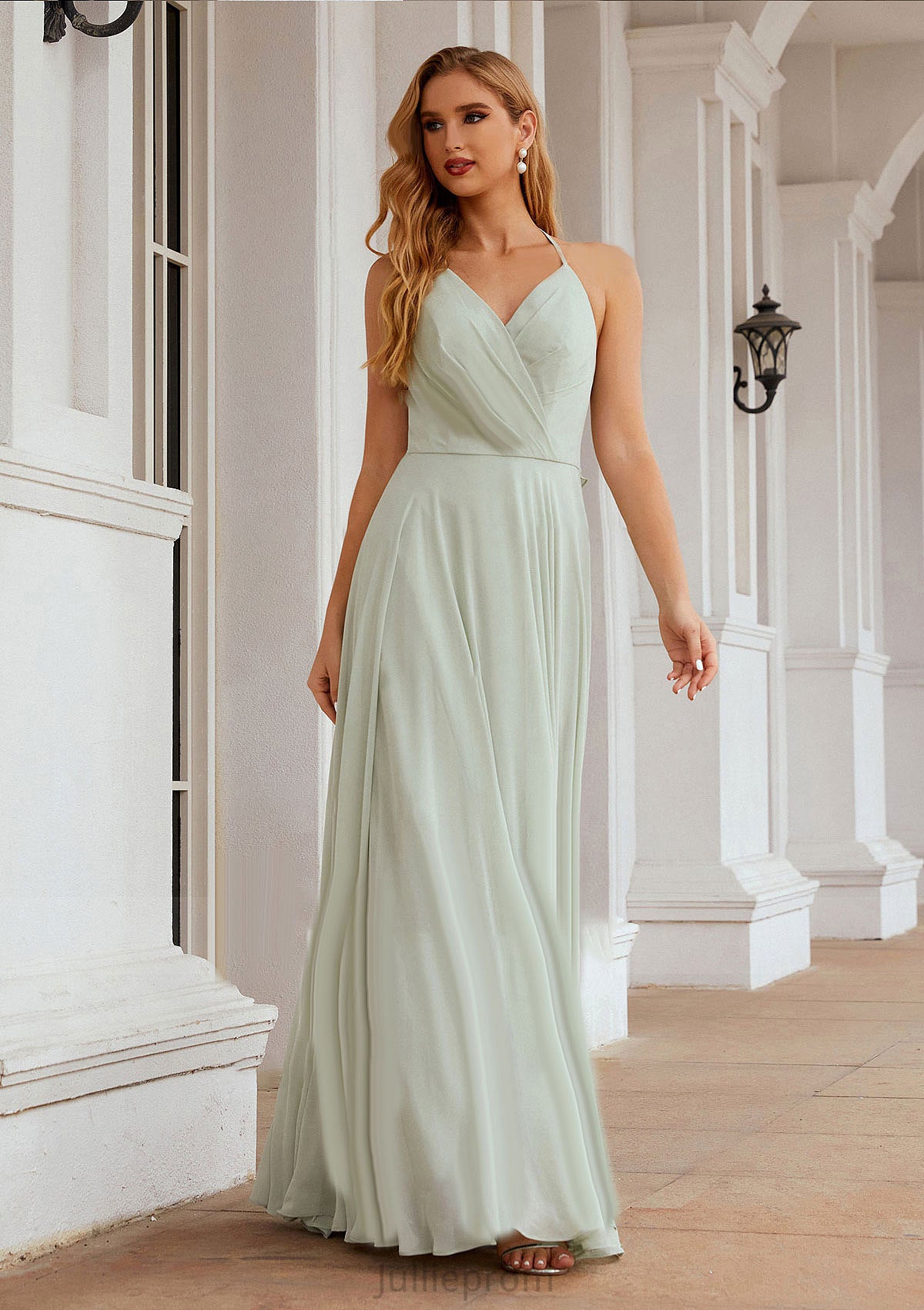 A-line Halter Sleeveless Chiffon Long/Floor-Length Bridesmaid Dresses With Pleated Ruffles Madge DQP0025623