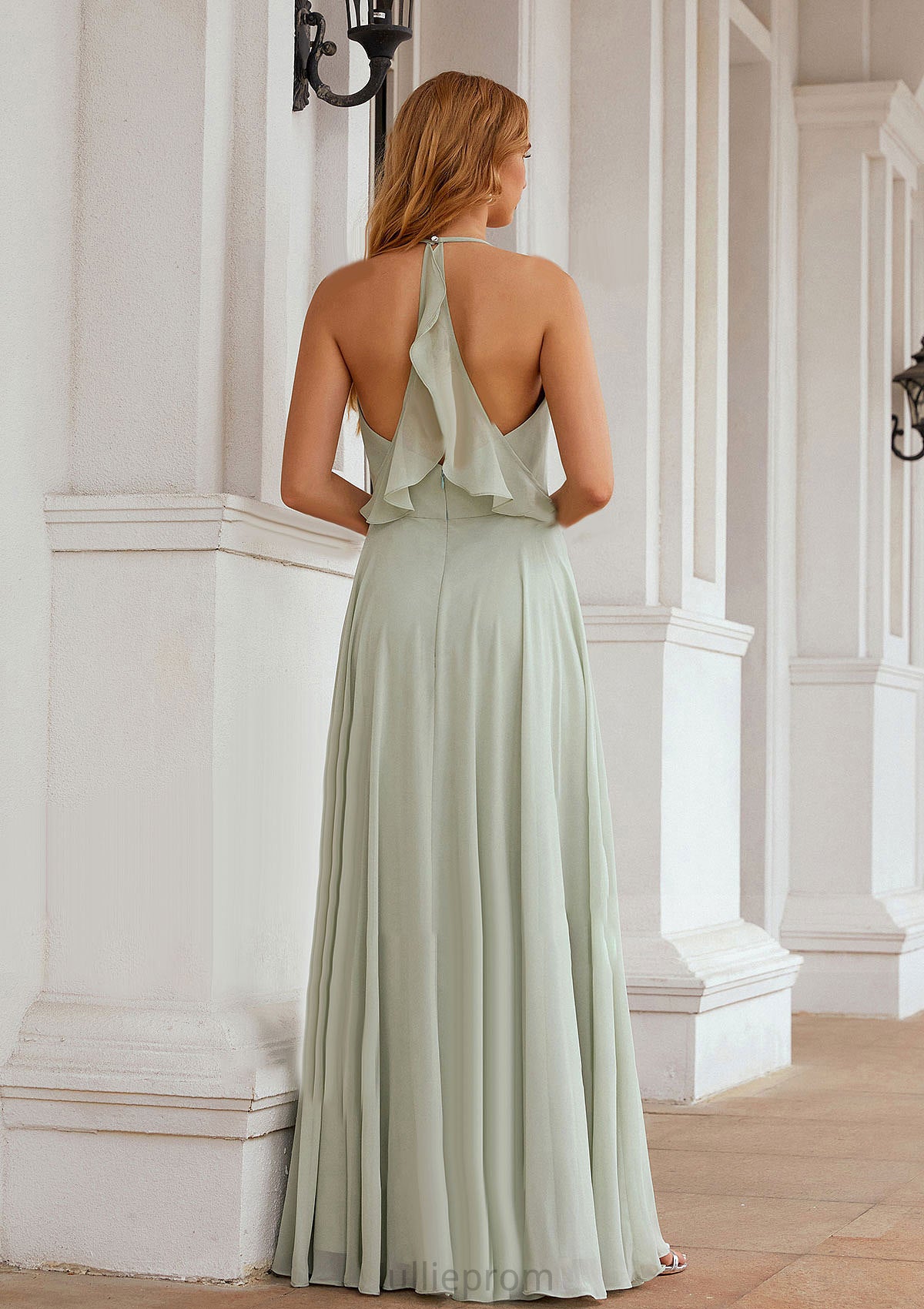 A-line Halter Sleeveless Chiffon Long/Floor-Length Bridesmaid Dresses With Pleated Ruffles Madge DQP0025623