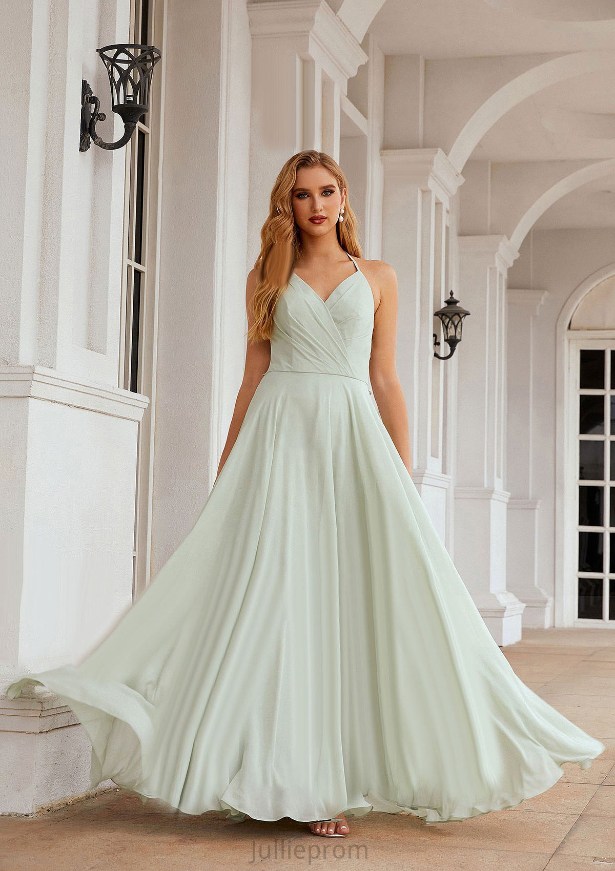 A-line Halter Sleeveless Chiffon Long/Floor-Length Bridesmaid Dresses With Pleated Ruffles Madge DQP0025623