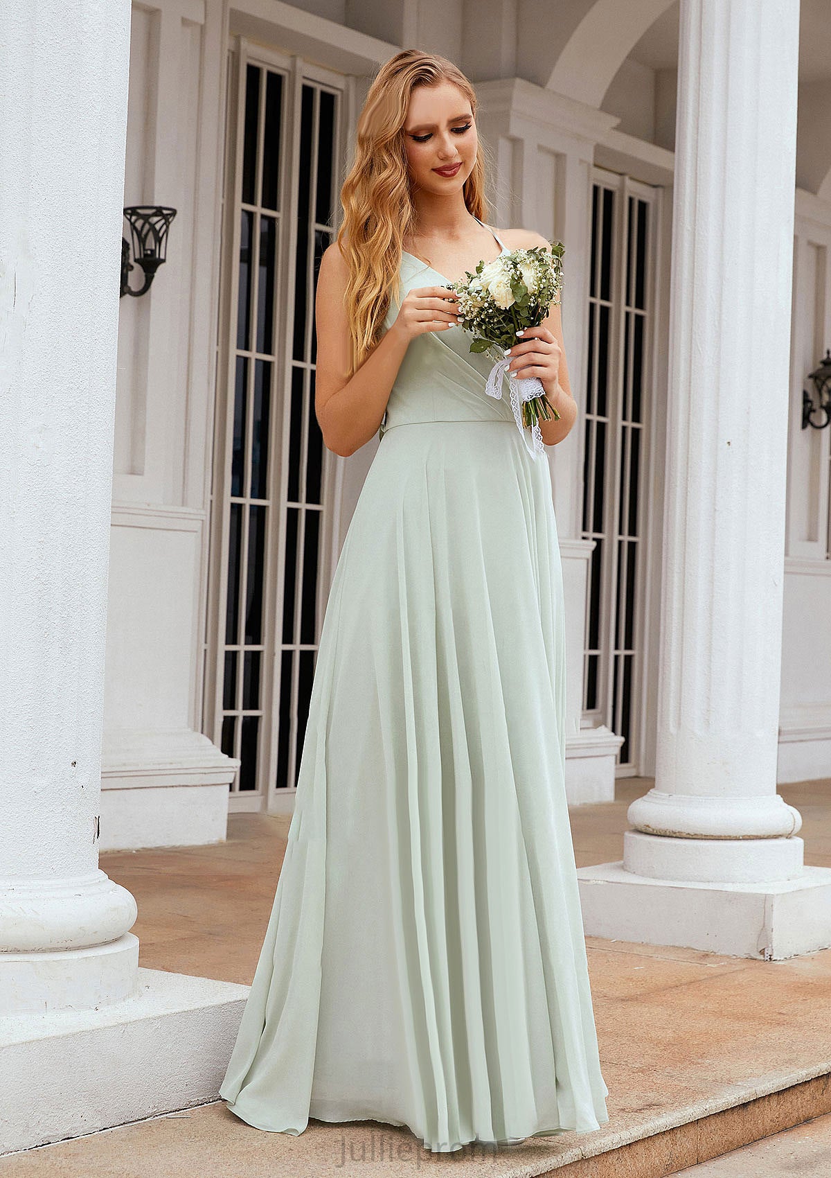 A-line Halter Sleeveless Chiffon Long/Floor-Length Bridesmaid Dresses With Pleated Ruffles Madge DQP0025623