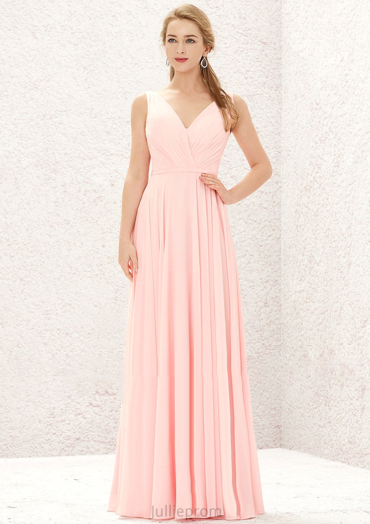 A-line V Neck Sleeveless Chiffon Long/Floor-Length Bridesmaid Dresses With Pleated Kenley DQP0025637