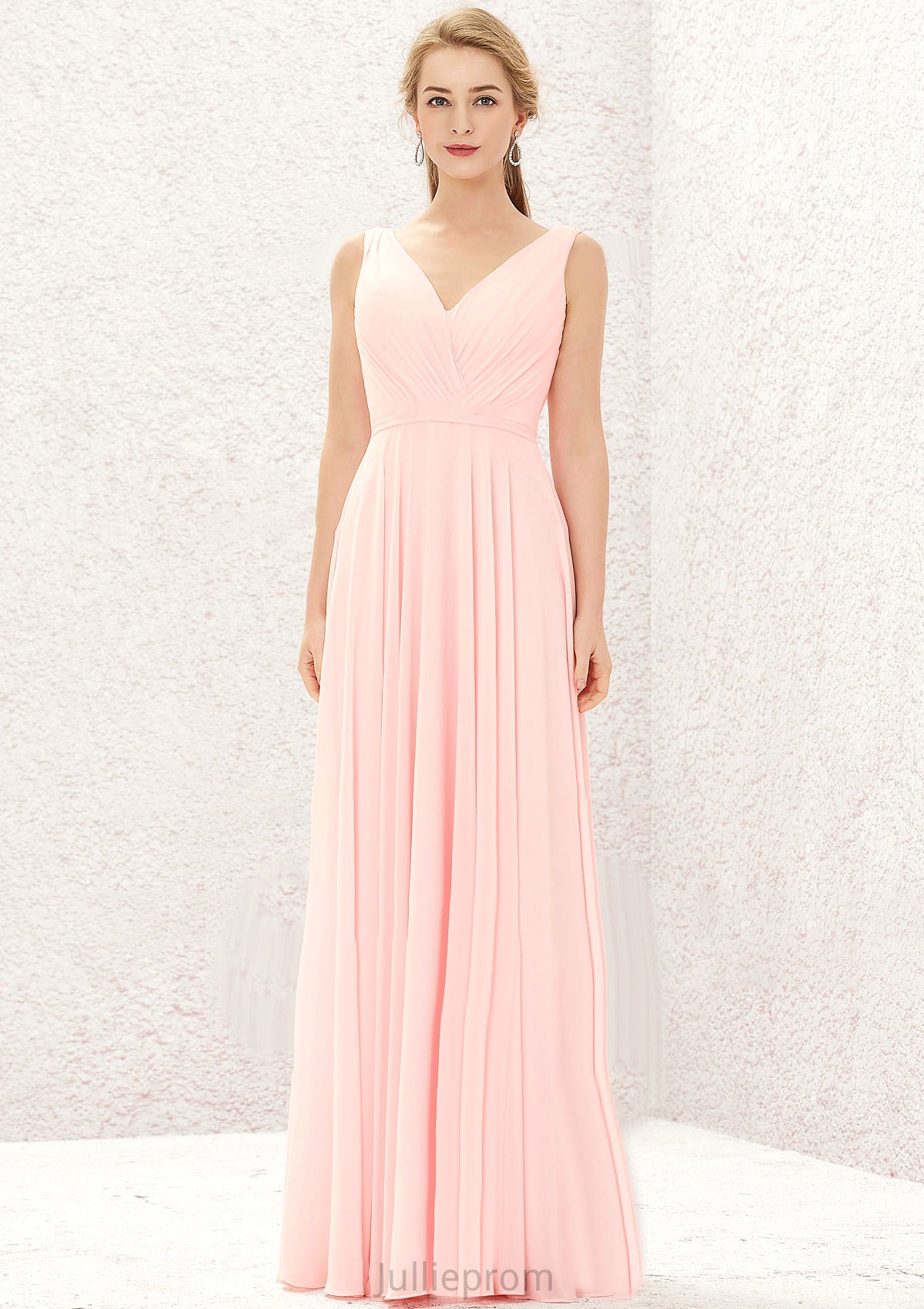 A-line V Neck Sleeveless Chiffon Long/Floor-Length Bridesmaid Dresses With Pleated Kenley DQP0025637