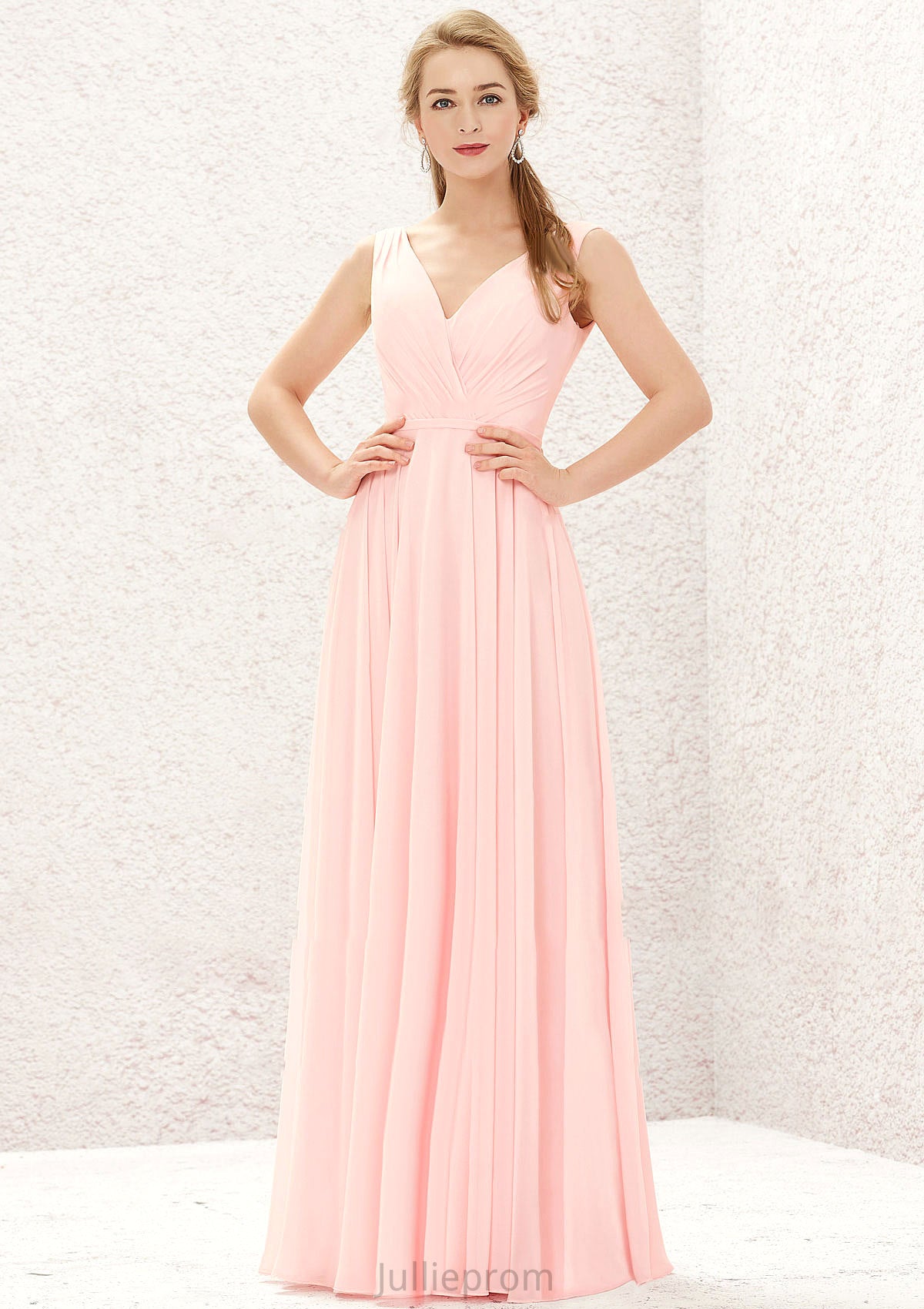 A-line V Neck Sleeveless Chiffon Long/Floor-Length Bridesmaid Dresses With Pleated Kenley DQP0025637