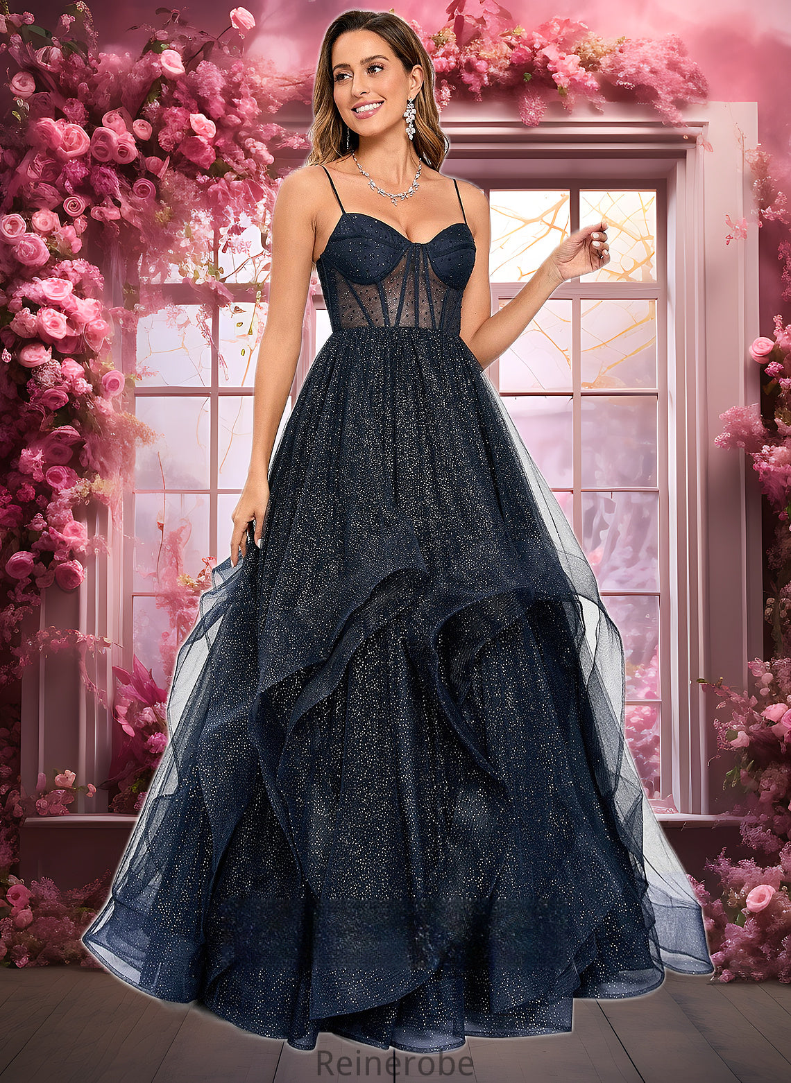 Arabella Ball-Gown/Princess V-Neck Floor-Length Tulle Prom Dresses DQP0025863