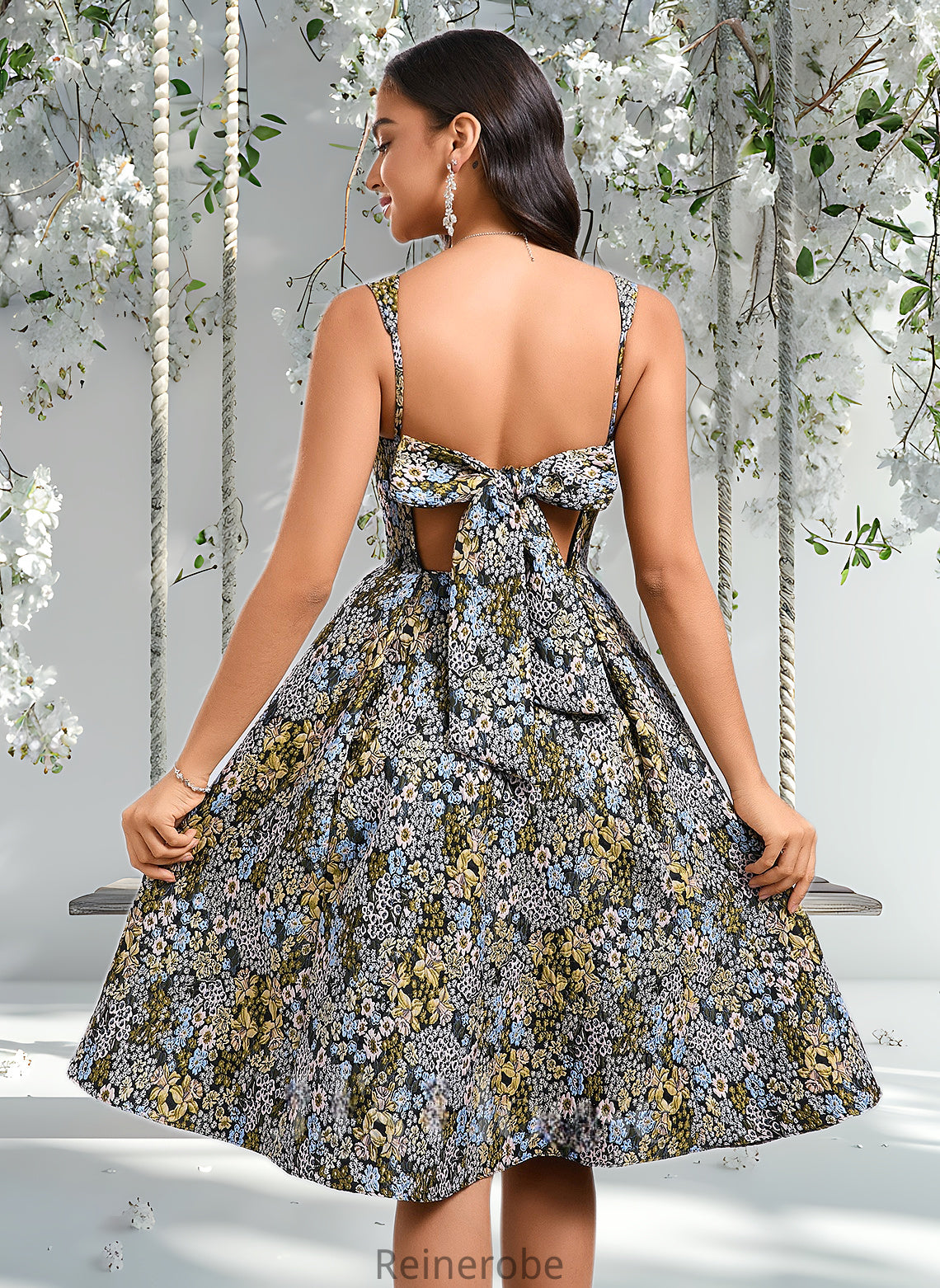 Ayanna A-line Square Knee-Length Jacquard Homecoming Dress With Bow DQP0025687