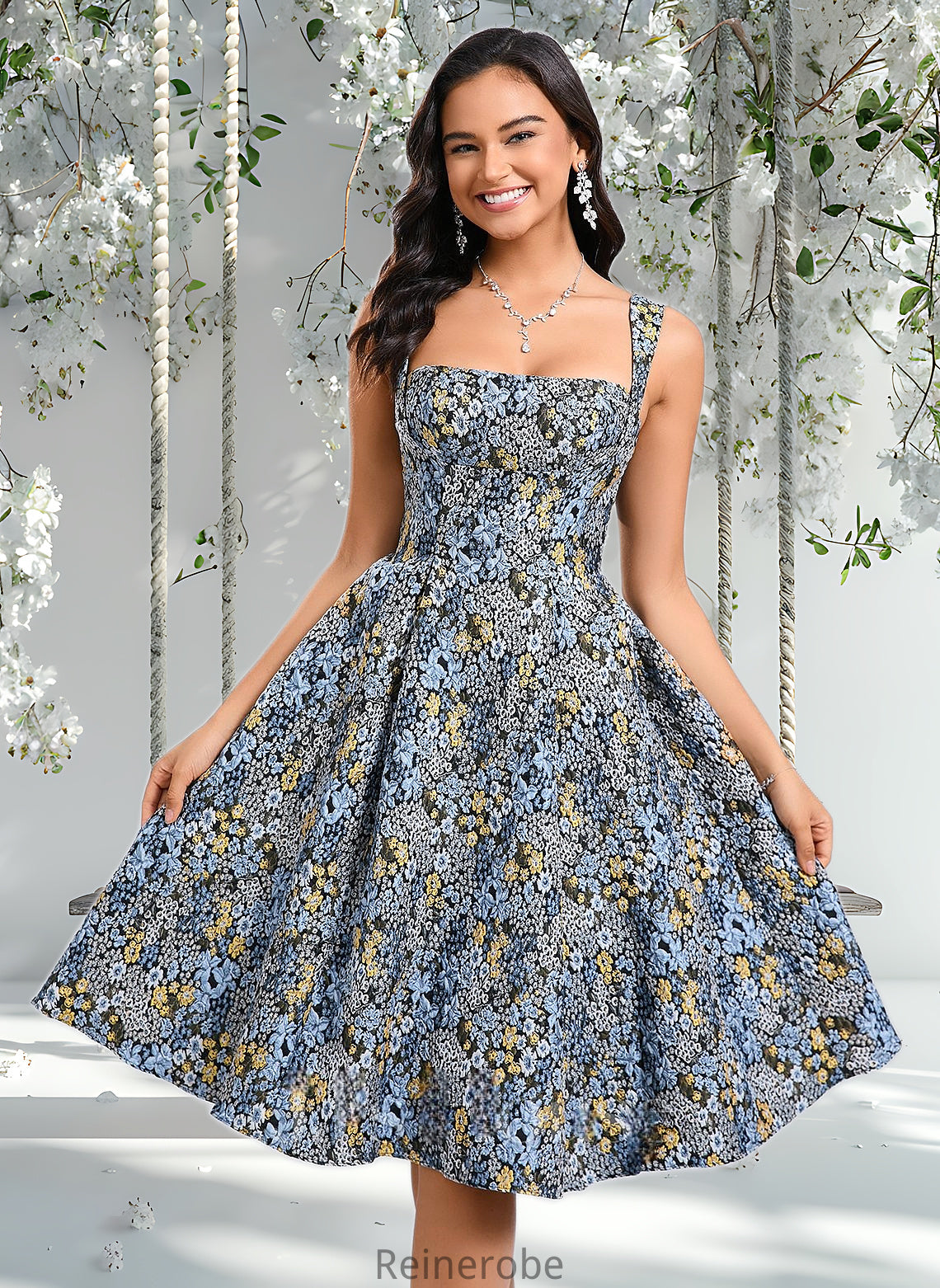 Ayanna A-line Square Knee-Length Jacquard Homecoming Dress With Bow DQP0025687