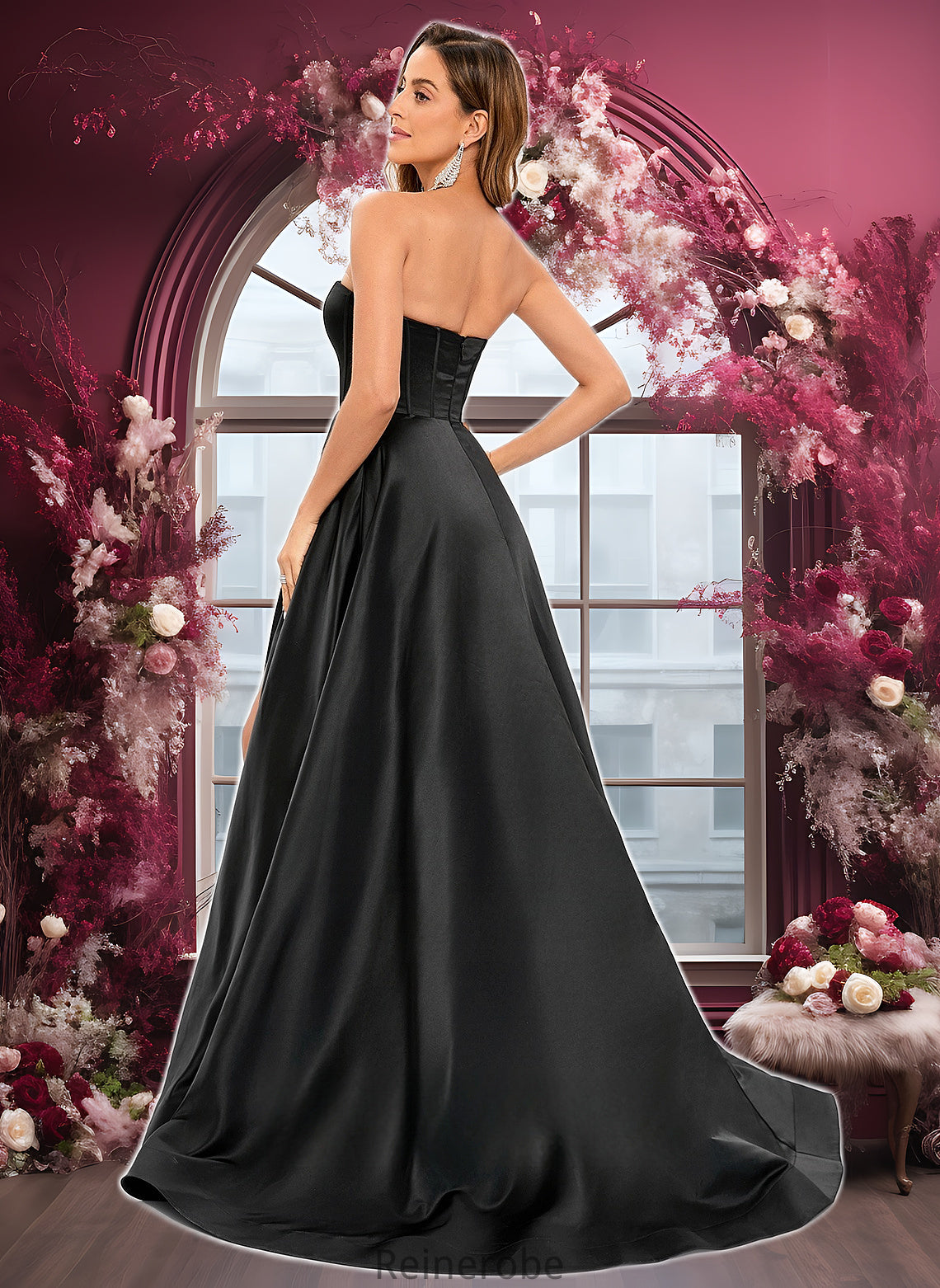 Ayana A-line V-Neck Sweep Train Satin Prom Dresses DQP0025842