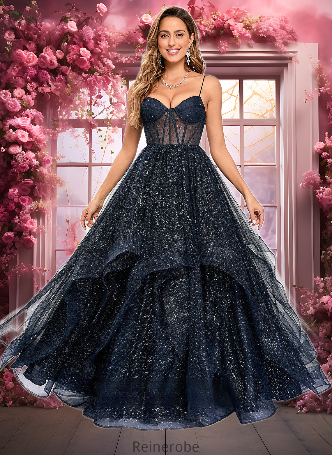 Arabella Ball-Gown/Princess V-Neck Floor-Length Tulle Prom Dresses DQP0025863