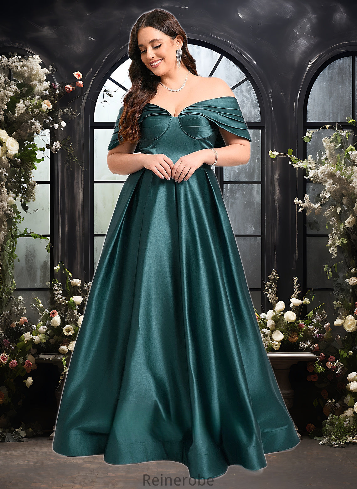 Ruth A-line Off the Shoulder Floor-Length Satin Prom Dresses With Pleated DQP0025851