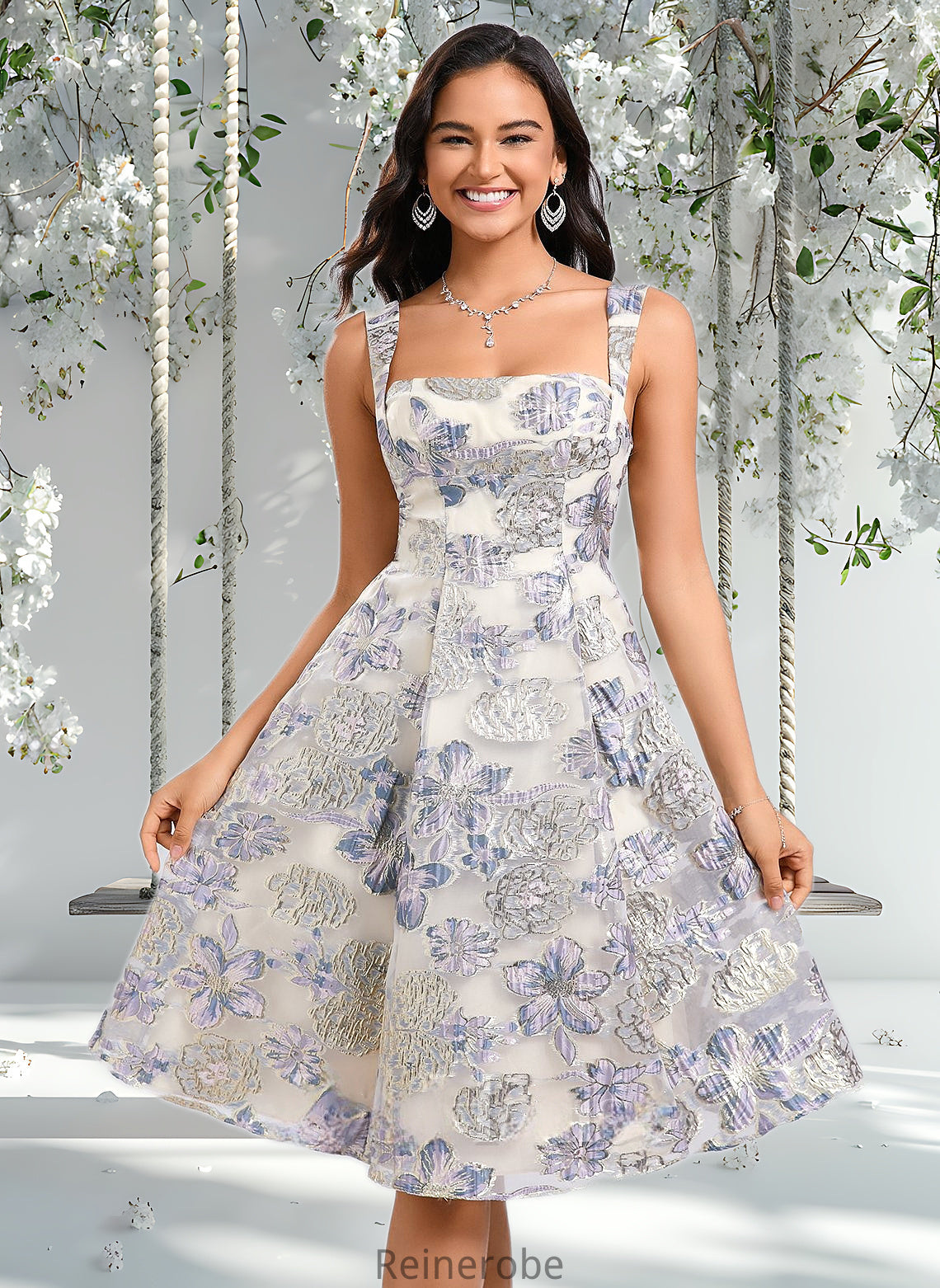 Ayanna A-line Square Knee-Length Jacquard Homecoming Dress With Bow DQP0025687