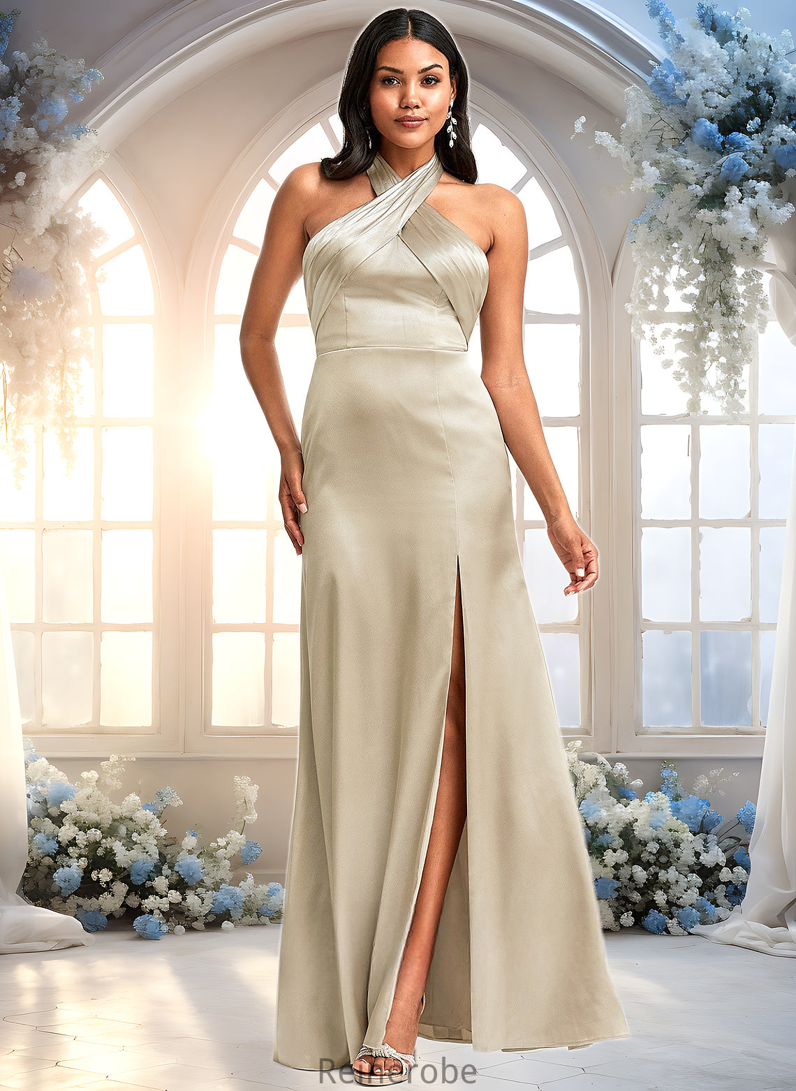 Araceli A-line Halter Floor-Length Stretch Satin Bridesmaid Dress DQP0025761