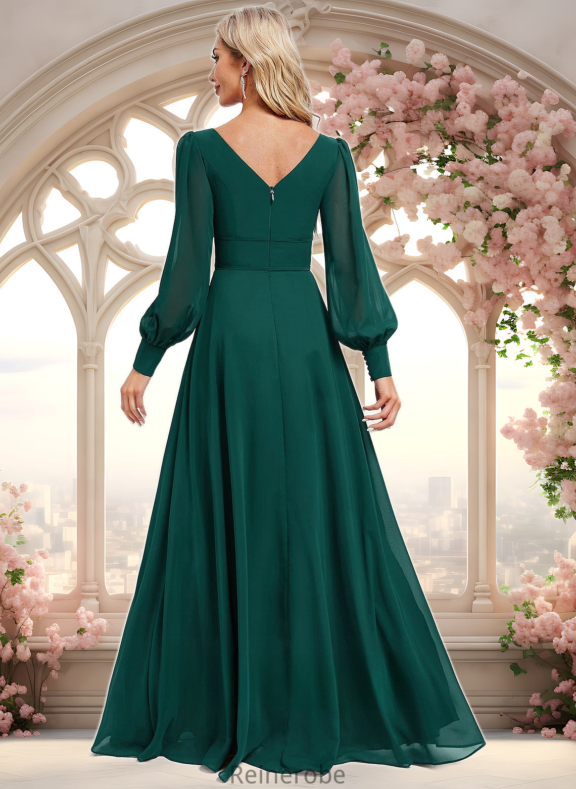 Joanna A-line V-Neck Floor-Length Chiffon Bridesmaid Dress DQP0025816