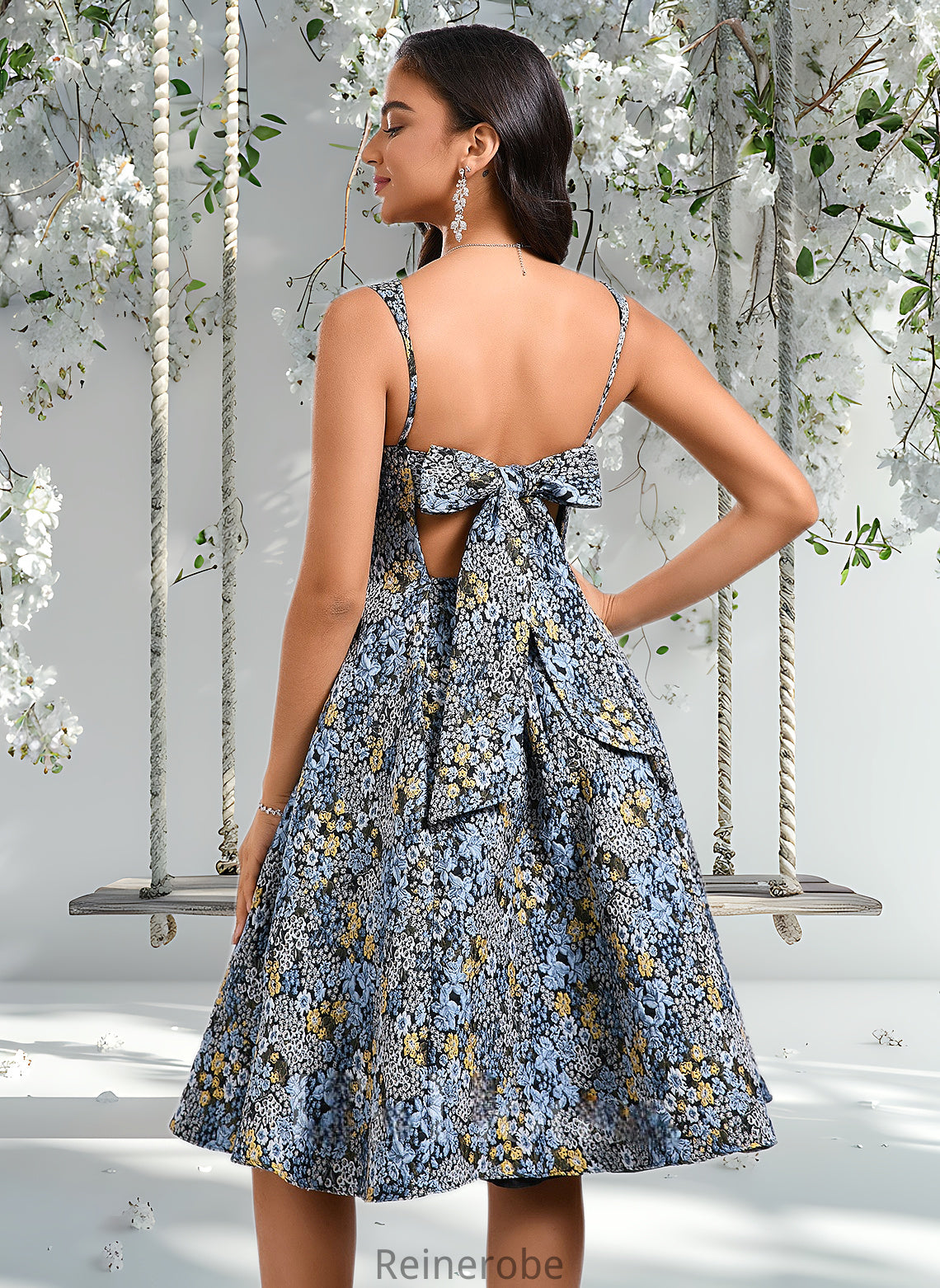 Ayanna A-line Square Knee-Length Jacquard Homecoming Dress With Bow DQP0025687