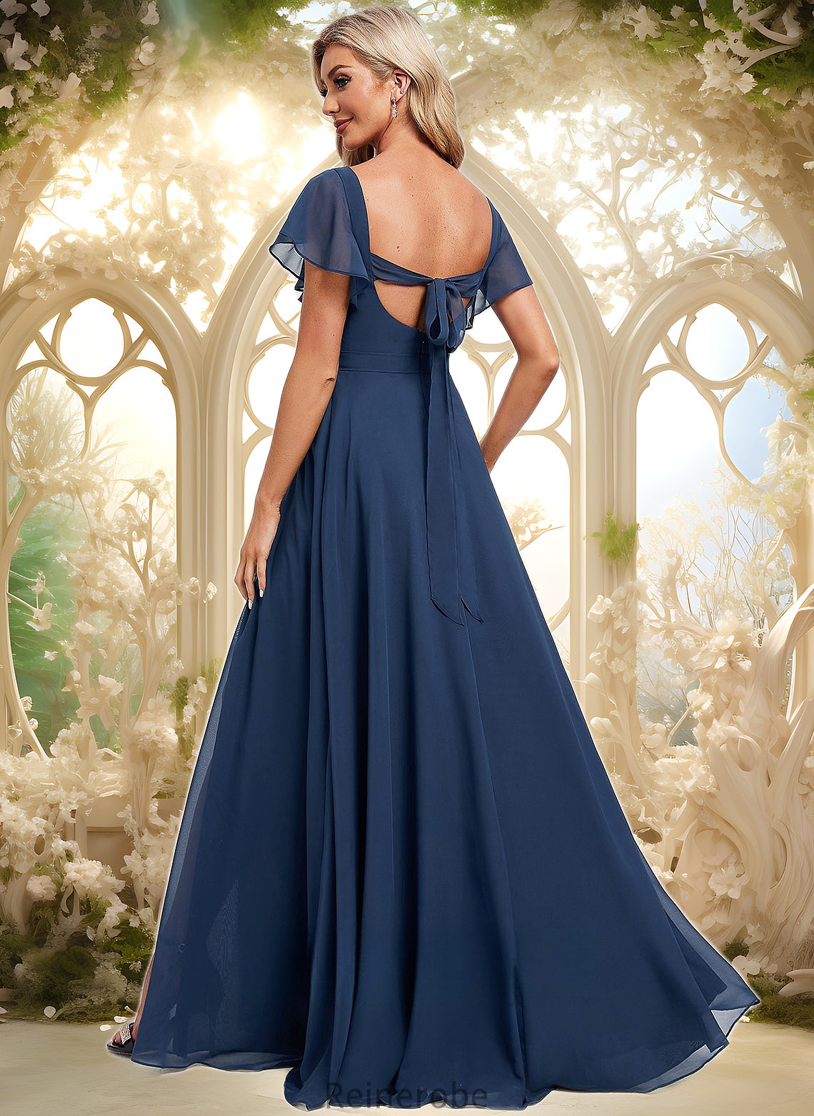 Jaiden A-line V-Neck Floor-Length Chiffon Bridesmaid Dress With Ruffle DQP0025802