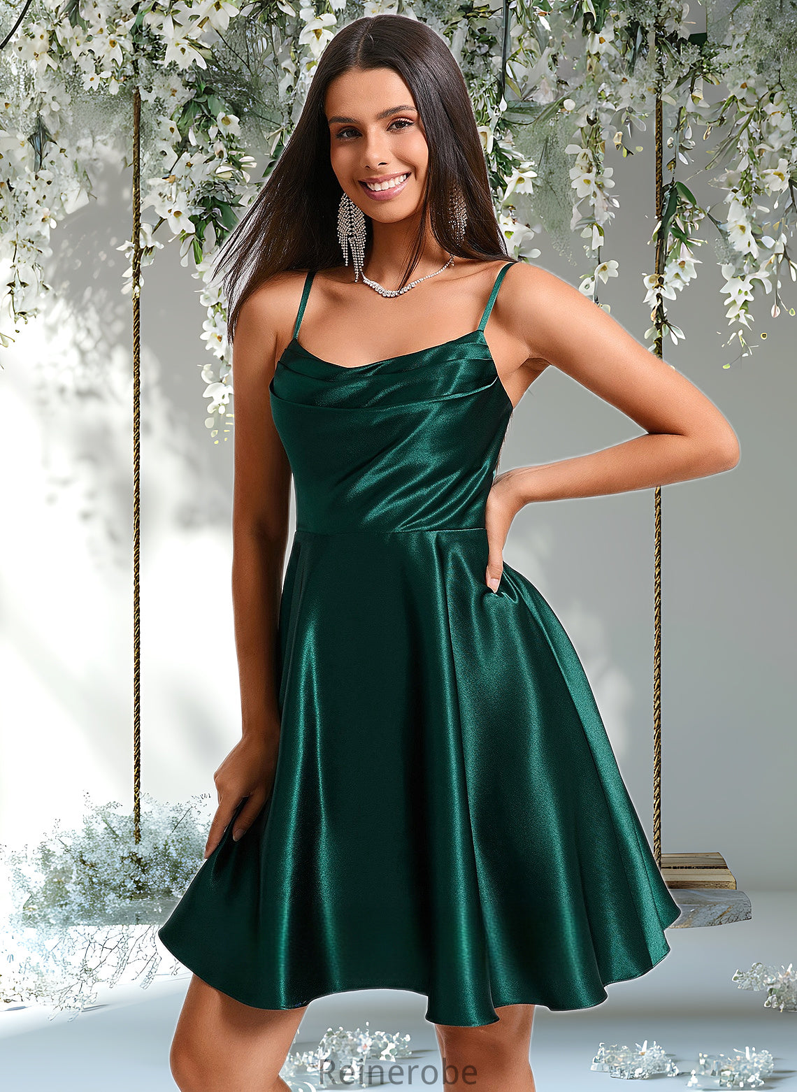 Kaylynn A-line Cowl Short Stretch Satin Homecoming Dress DQP0025664